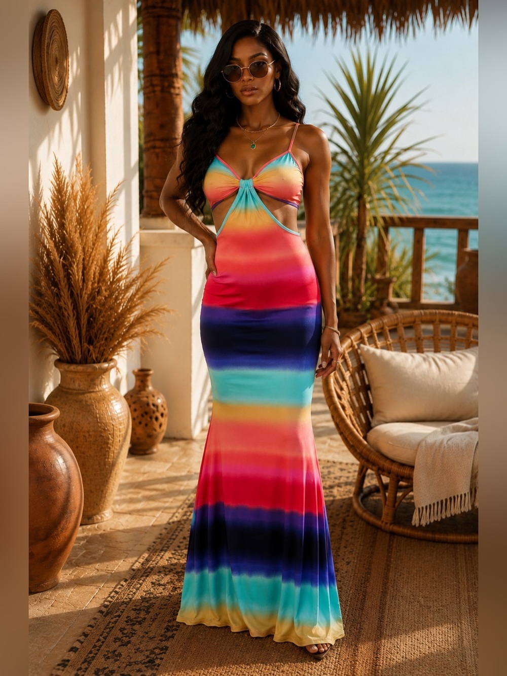 Rainbow Ombre Maxi Dress with Tie-Front Detail - Picture 1 of 5